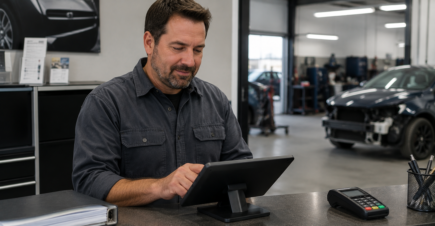 Auto body repair payment processing dual pricing terminal at shop front desk