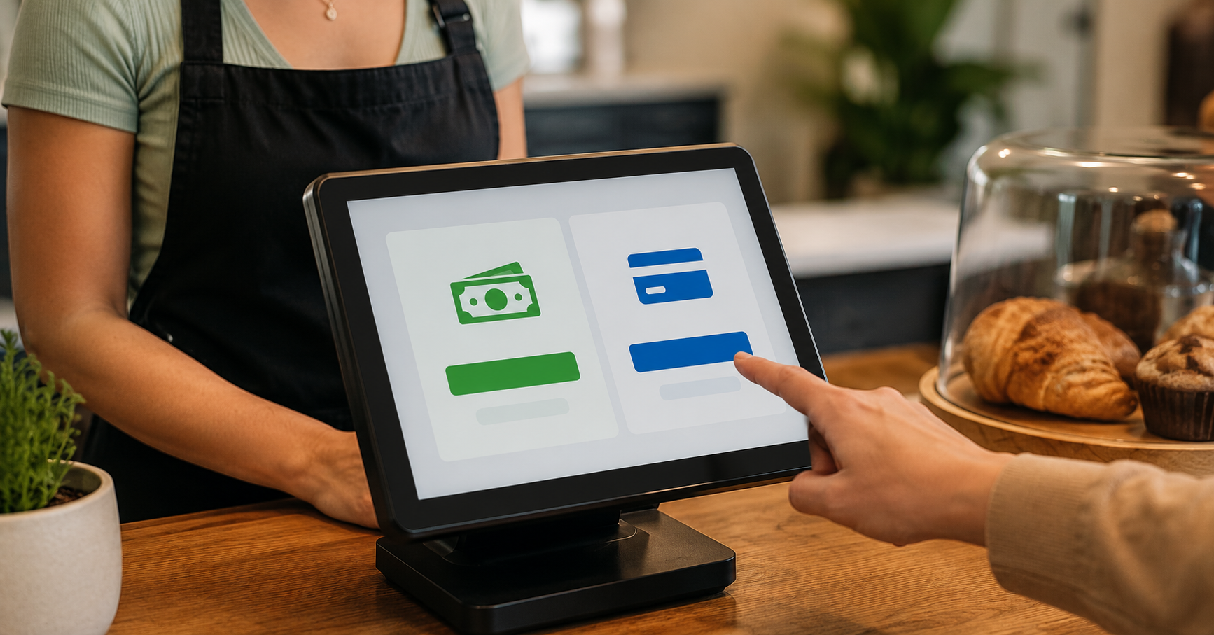 Small business owner using dual pricing payment terminal showing cash and card price options